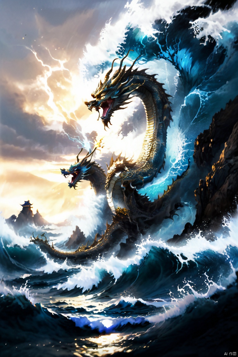 A Chinese golden dragon soars between the sea and the sky, with huge waves rolling. Its body is as swift as lightning, its scales shimmer with silver light, and its eyes sparkle like stars, revealing endless wisdom and majesty. The tail swept over the sea, causing rough waves. On the azure sea surface, it is like a beautiful painting. It possesses endless power and majesty, and the entire scene is awe inspiring, mysterious, and yearning, fantasy art, panoramic view, Ultra high saturation, (best quality, masterpiece, Representative work, official art, Professional, 8k), particles,dragon, x-ray, RPG