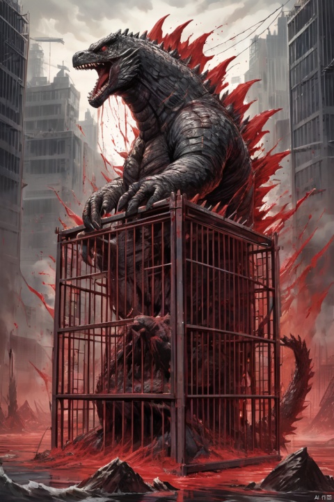 A huge iron cage imprisoning Godzilla, Monster in a cage, River of blood, struggle, frustrated, Exploded, (masterpiece, best quality, perfect composition, very aesthetic, absurdres, ultra-detailed, intricate details, Professional, official art, Representative work:1.3)