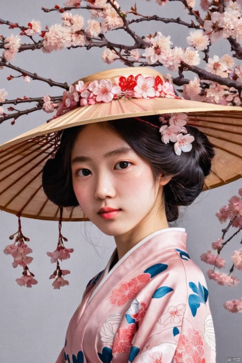 Ukiyoe, Beautiful girl wearing cherry blossom hat, by Gurwitz, artistic creativity, (best quality, masterpiece, Representative work, official art, Professional, Ultra intricate detailed, 8k:1.3)