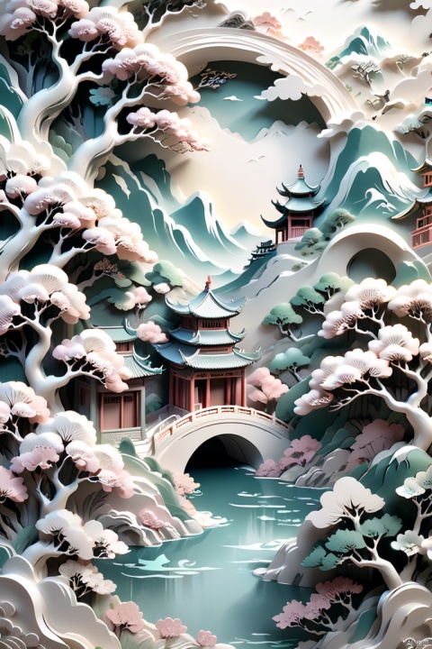 3D relief, meticulously carved, chinese illustration on white background, pastel, traditional chinese style, oriental landscape painting, multidimensional paper fog crafts, paper illustration, super wide angle view, dreamy, romantic, high resolution, artstation, artgerm, octane render, (best quality, masterpiece, Representative work, official art, Professional, 8k:1.3)