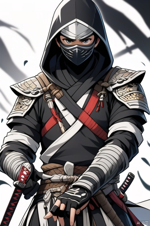 ninja, 1boy, solo, looking at viewer, gloves, male focus, black gloves, sword, hood, armor, mask, katana, shoulder armor, mouth mask, japanese armor, woods