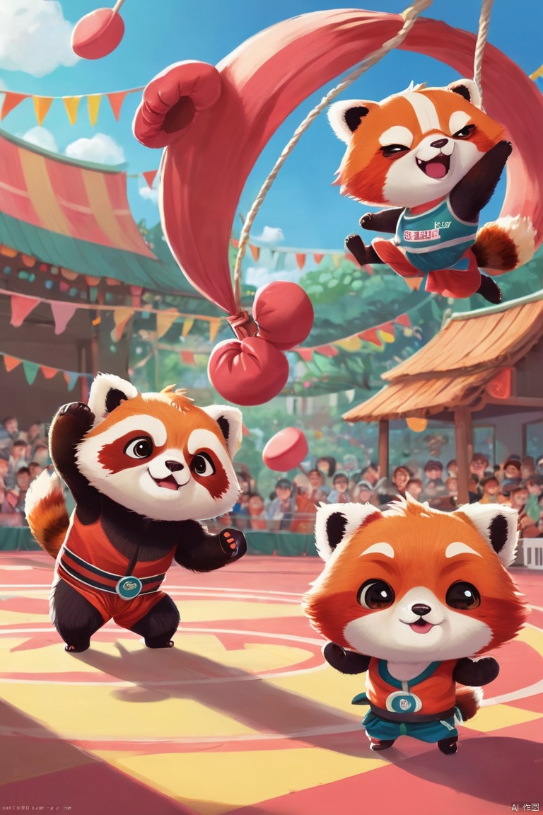 A delightful and adorable illustration of a chibi-style boxing match between two red panda characters. They are dressed in boxing gloves and shorts, with a referee standing by. The background is vibrant, with a colorful ring and an energetic crowd cheering them on. The overall composition is dynamic, with the red pandas in the center, taking playful swings at each other. The illustration is full of life and energy, capturing the spirit of friendly competition, anime, illustration, (masterpiece, best quality, perfect composition, very aesthetic, absurdres, ultra-detailed, intricate details, Professional, official art, Representative work:1.3)