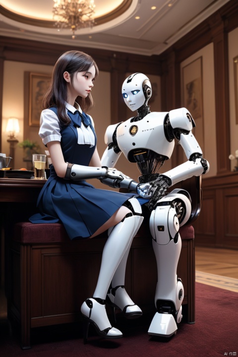 Robot in butler uniform serves seated girl, enhance, intricate, (best quality, masterpiece, Representative work, official art, Professional, unity 8k wallpaper:1.3)
