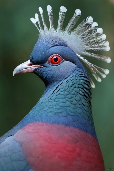 This close-up shot of a Victoria crowned pigeon showcases its striking blue plumage and red chest. Its crest is made of delicate, lacy feathers, while its eye is a striking red color. The bird’s head is tilted slightly to the side, giving the impression of it looking regal and majestic. The background is blurred, drawing attention to the bird’s striking appearance, (best quality, masterpiece, Representative work, official art, Professional, Ultra intricate detailed, 8k:1.3)