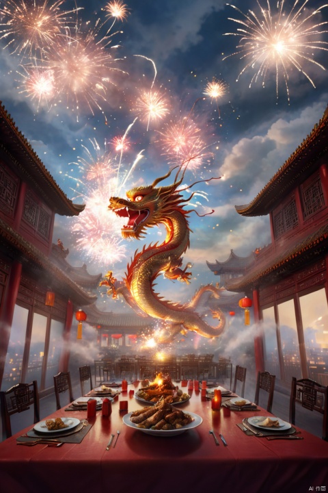 Family reunion dinner, the sky outside the window, chinese dragon flying in the sky, fireworks, chinese festive atmosphere, film light effect, (best quality, masterpiece, Representative work, official art, Professional, Ultra high detail, 8k:1.3)