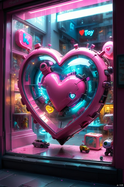 looking from outside,Look down the street,through glass,hyper detailed, Dynamic, toy store window, cyberpunk design,Toys poster on glass pink heart, toy store window,beautiful design,Nice decoration,display toys, octane render, enhance, intricate, HDR, UHD, (best quality, masterpiece, Representative work, official art, Professional, 8k wallpaper:1.3)