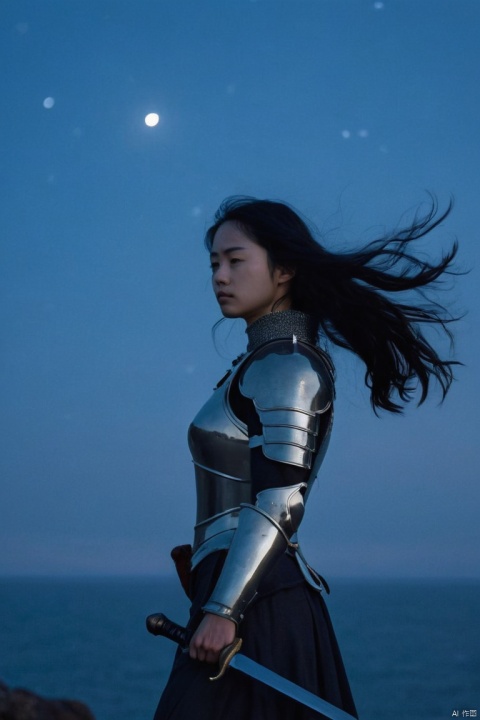 minimalist journey, anatomically correct, female warrior, a sword, handle, steel armor, flowing black hair, confident expression, brave posture, Strong body, elegant silhouette, windswept coast, stunning scenery, blue coastline under the stars, night, subtle color palette, cold blue and black tones, dappled starlight, soft shadows, ethereal Atmosphere, delicate brushwork, impressionistic style, (masterpiece, best quality, perfect composition, very aesthetic, absurdres, ultra-detailed, intricate details, Professional, official art, Representative work:1.3)