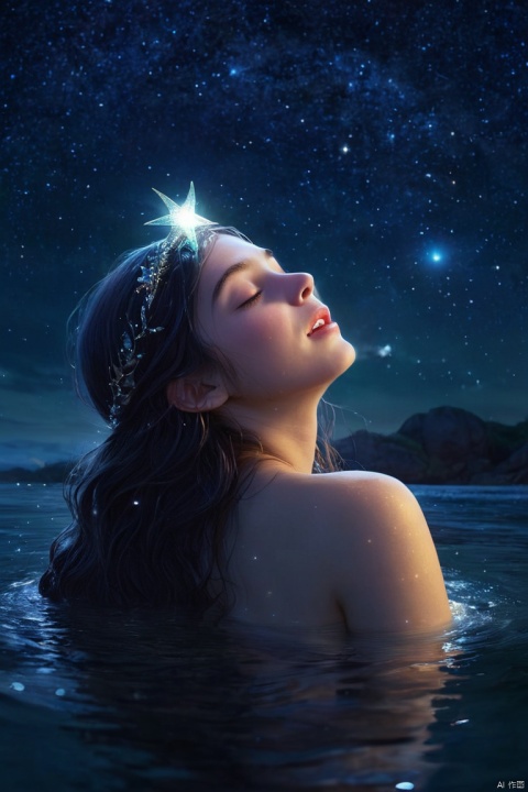 In the quiet of the night, the mermaid princess emerged from the water and looked up at the stars in the sky. She closed her eyes lightly and made a wish to the brightest star. The starlight scattered on her face, appearing particularly sacred, (masterpiece, best quality, perfect composition, very aesthetic, absurdres, ultra-detailed, intricate details, Professional, official art, Representative work:1.3)