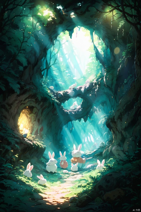 Bunny rabbit nest, underground, cave, low light, Anime, Soft color, studio ghibli, ghibli style, soft tone, lense flare, 90s film style, forest, hills, hue, anime, Cinematic, high detail, Fujicolor, UHD, retina, super detail, panoramic, Ultra high saturation, bright and vivid colors, intricate, (best quality, masterpiece, Representative work, official art, Professional, 8k)