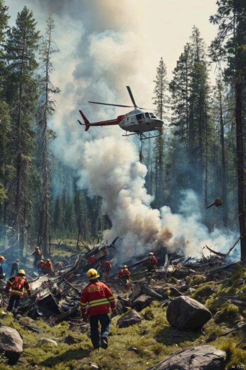 A (plane crash:1.0) in a (remote wilderness:1.0) with (trees and rocks:1.0) scattered around, (smoke and debris:1.0) billowing into the sky, (survivors:1.0) struggling to escape the wreckage, (rescue team:1.0) arriving to assist, (helicopter:1.0) hovering above the scene, (emergency services:1.0) on the ground, (dramatic lighting:1.0) highlighting the chaos, (realistic style:1.0) with attention to detail, (8K resolution:1.0) for a cinematic effect, (masterpiece, best quality, perfect composition, very aesthetic, absurdres, ultra-detailed, intricate details, Professional, official art, Representative work:1.3)