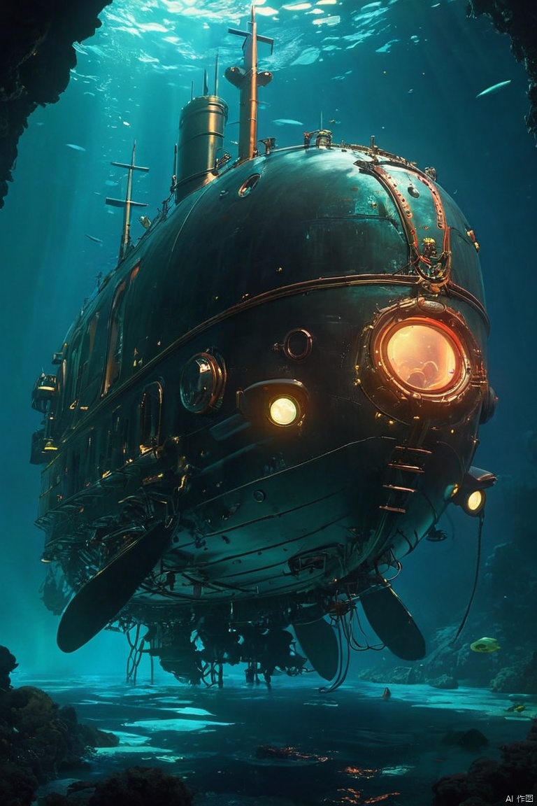  Nautilus submarine from Captain Nemo's era, sketched with alcoholic inks mimicking Benedick Bana and Studio Ghibli styles, immersed in the radiant neon depths of an oceanic abyss, intricate, hyperdetailed, 32k resolution, octane rendering, colors pop vividly against the ink-black sea, reminiscent of an epic Steven Spielberg film scene, sharp focus highlighting the submarine, monumental masterpiece, vivid colors, volumetric lighting, cinematic allure, (masterpiece, best quality, perfect composition, very aesthetic, absurdres, ultra-detailed, intricate details, Professional, official art, Representative work:1.3)