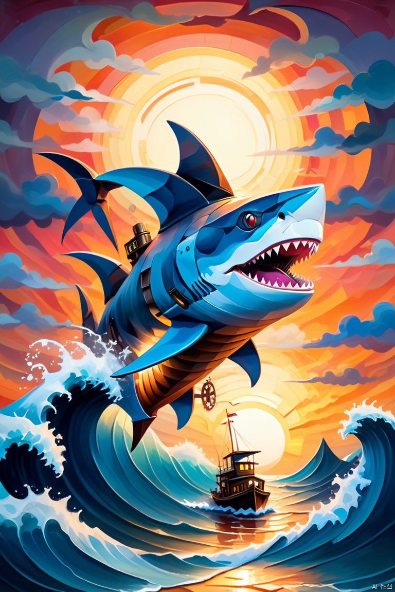 neo-impressionism expressionist style showing a steampunk mechanical shark with bright glowing eyes jumping out of a wave, striated clouds, beautiful warm origami sunset, tiny boat in background, crashing waves, vector fractal, wave function, zentangle, deep vibrant warm soothing colors, smooth post-impressionist impasto oil painting, volumetric lighting, volumetric cloud, ultradetailed shadows, (best quality, masterpiece, Representative work, official art, Professional, 8k:1.3)