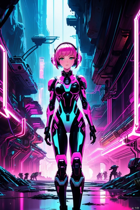 anime artwork lucy \(cyberpunk\), anime artwork of a girl \(cyberpunk, mecha\), Pink parted short hair, pink eyes, full body, Underground Place, Deep underground in a huge cave stands a high-tech city of another civilization, neon lights and lighting, glowing cables and light guides, robots and high-tech alien technology are visible, flying machines hover over the city, a combination of light and chrome and fantastic technologies, alien's sity, a view of the city from a height of 100 meters, emphasis on Underground Place, dim lighting, semi-darkness, hyperrealistic, professional photography of abandoned places for the international Underground exhibition, (panoramic, Ultra high saturation, bright and vivid colors), (best quality, masterpiece, Representative work, official art, Professional, 8k)
