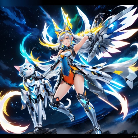 starry sky, by van gogh, mecha girl, silver long hair, full-body pose, mechanical wings, cat ears, fingerless gloves, Wind, (panoramic, Ultra high saturation, bright and vivid colors), (best quality, masterpiece, Representative work, official art, Professional, 8k), TIANQIJI, tqj-hd