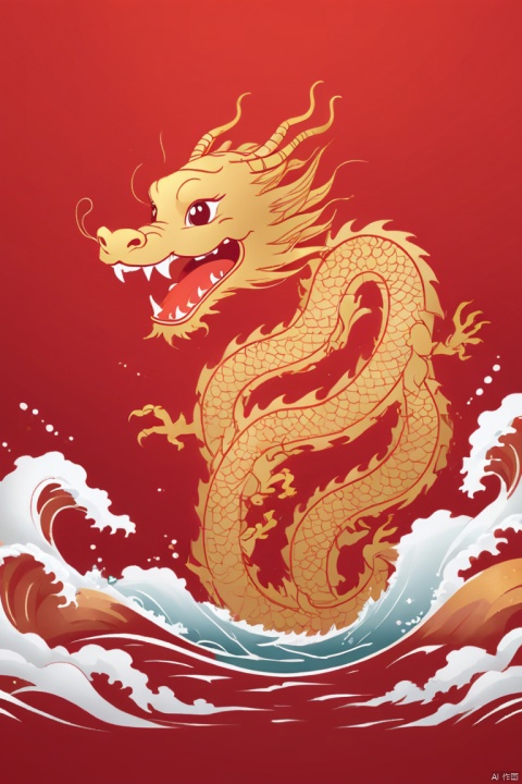 Sketch style, Simple golden negative space on Chinese red background, Smiling happily and cutely, Minimalist Chinese dragon on the sea, dynamic action, flat, vector, clip art, (best quality, masterpiece, Representative work, official art, Professional, Ultra high detail, 8k)