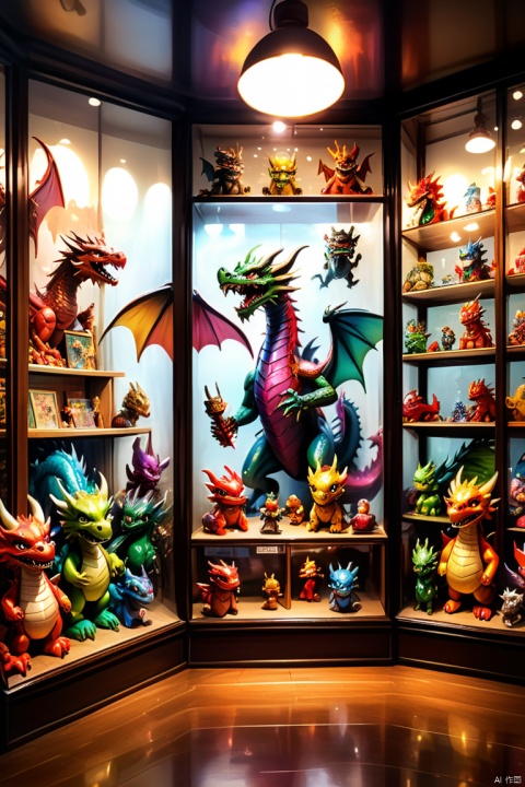 inside a toy store glass window display of decades ago, on the wooden shelves there are toy figurines of dragons, demons, monsters, painting, nostalgia, HDR, UHD, (best quality, masterpiece, Representative work, official art, Professional, 8k wallpaper:1.3)
