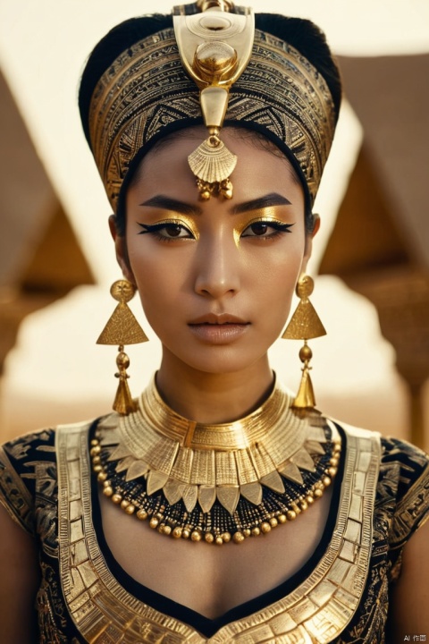 Symmetry, symmetrical, cinematic photo a woman in an egyptian costume with gold makeup, featured on cg society, pyramids style, many exotic high end features, dark-skinned, monarchy, mesmerising, stunning woman, uniquely beautiful,cinematic photorealistic, natural lighting, raw, rich, key visual, atmospheric lighting, 35mm photograph, film, (best quality, perfect masterpiece, byyue, Representative work, official art, Professional, high details, Ultra intricate detailed:1.3)