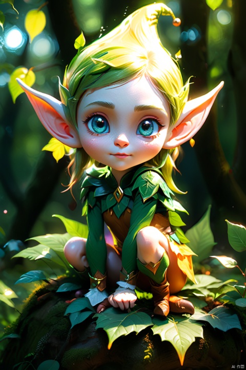 Cute elf,Sit on a leaf,Zbrush style,actual,Detailed texture,Exquisite details,expressive facial features,shining eyes,delicate lips,pointed ears,tree-lined environment,Charming atmosphere,Soft and natural lighting,bright colors,harmonious color palette, octane render, (best quality, masterpiece, Representative work, official art, Professional, 8k:1.3)