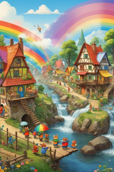 (Fairy Village:1.2), Richard Scarry, river of rainbow color, intricate, (best quality, masterpiece, Representative work, official art, Professional, unity 8k wallpaper:1.3)