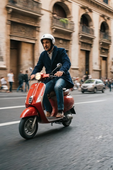 a man riding a scooter in the middle of rome city. motion blur, professional photography, (masterpiece, best quality, perfect composition, very aesthetic, absurdres, ultra-detailed, intricate details, Professional, official art, Representative work:1.3)