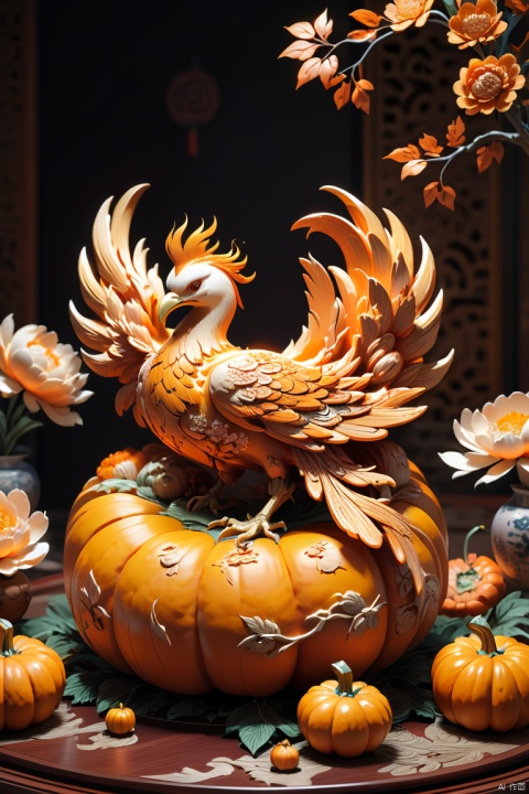 Scene design, (sculpting a phoenix and peony with a pumpkin), food on a Chinese dining table, 3D carving, pumpkin color, octane render, enhance, intricate, HDR, UHD, Relief style, (best quality, masterpiece, Representative work, official art, Professional, 8k wallpaper:1.3)