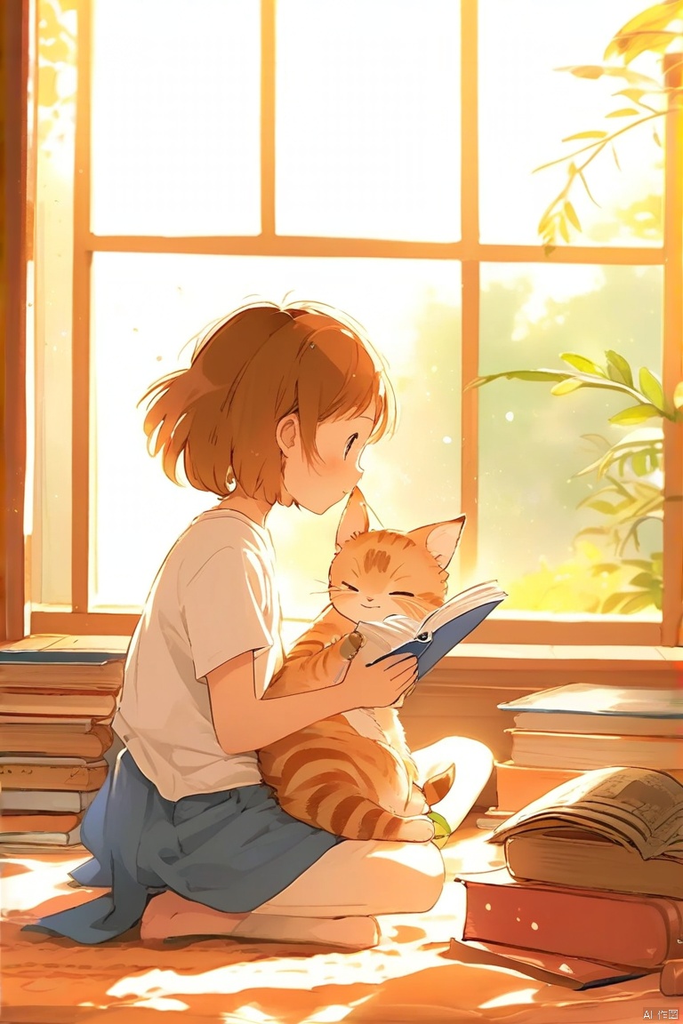 晨光中的共读：在一个洒满阳光的窗边,少女侧坐在柔软的地毯上,怀里抱着一只橘色条纹的猫咪,它们共同翻阅着一本旧书,偶尔抬头相视一笑,空气中弥漫着书香与晨曦的温暖