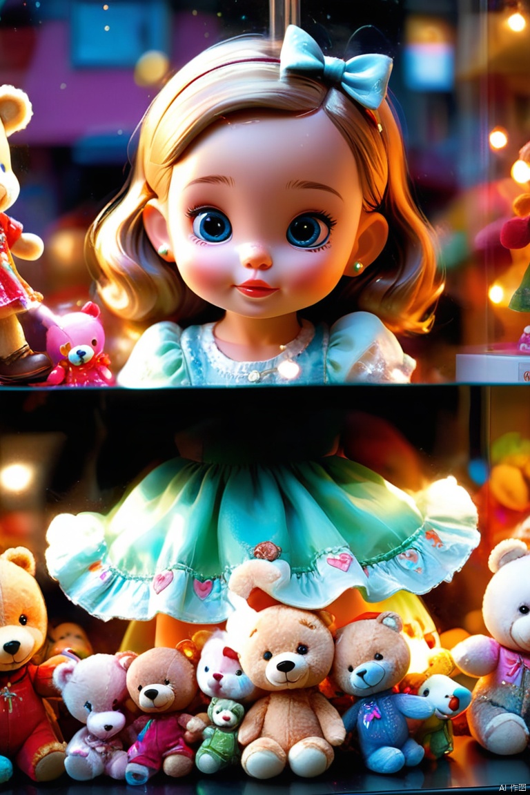 A girl watching a vibrant and whimsical Toy Store Window Display, illustration filled with colorful toys and sparkling lights. The display showcases a variety of toys, including dolls, stuffed animals, cars, and puzzles. The toys are arranged in an enticing manner, inviting any child to explore and play. The girl, around 7 years old, looks captivating in her innocence and curiosity. Her eyes sparkle with excitement as she gazes at the magical scene before her. She stands in front of the display window, (child-height level) allowing her to fully immerse herself in the enchanting world of toys. Her chubby cheeks reveal a shy smile, highlighting her pure joy. She wears a pretty dress and holds a small teddy bear in her hand. Behind her, a few passersby stop to admire the enchanting display. from the intricate patterns on the toys to the reflection of the lights in the girl eyes. The vibrant colors (studio lighting) and the (ultra-fine painting) craftsmanship bring the scene to life with an extraordinary level of detail. The lighting (softly illuminates) and casts a warm glow on the toys, creating a cozy and inviting atmosphere. Overall, the prompt presents a heartwarming scene, capturing the essence of childhood wonder and imagination, (best quality, masterpiece, Representative work, official art, Professional, unity 8k wallpaper:1.3)