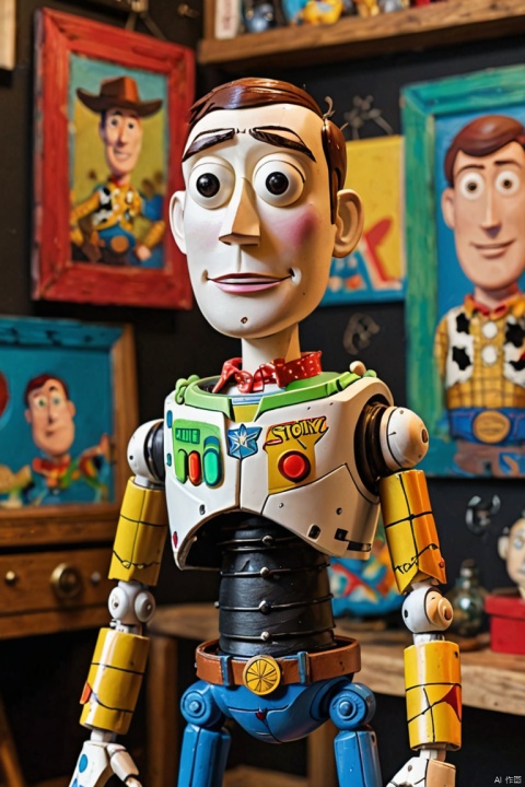 Mechanical Puppet from "Toy Story", art of brut style, characteized by bright and bold colors, thick textured paint, intense black strokes, astonished details, (best quality, masterpiece, Representative work, official art, Professional, Ultra intricate detailed, 8k:1.3)