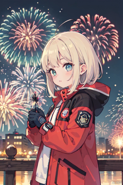 funny picture,winter,Cute little girl in red down jacket,Bring gloves,ear cover,brightness eyes,Pleasantly surprised expressions,adolable,(Brilliant fireworks outside the window,Huge fireworks,Extremely colorful), enhance, intricate, (best quality, masterpiece, Representative work, official art, Professional, unity 8k wallpaper:1.3)