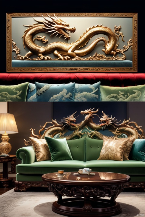 Super fine,image of dragon,Subtle reflections on polished surfaces,Illuminating intricate carvings,on soft velvet cushions,Living room sofa, panoramic view, Ultra high saturation, (best quality, masterpiece, Representative work, official art, Professional, 8k)