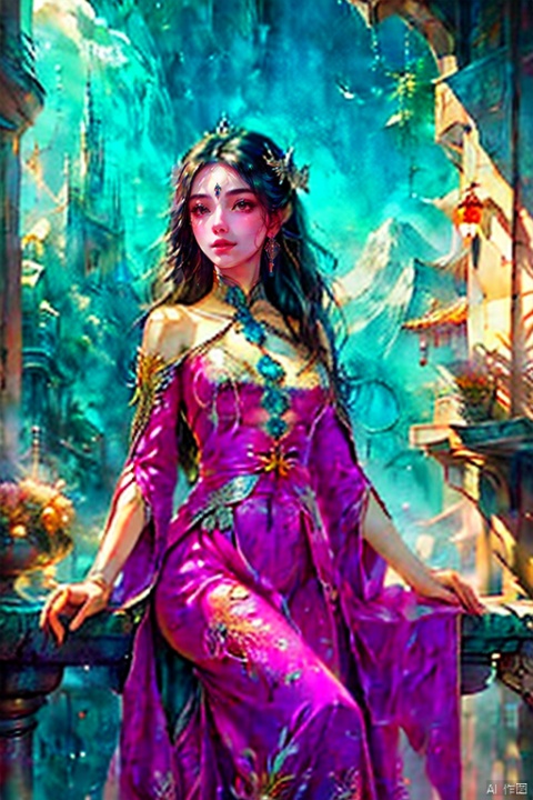 a chinese girl, dragon by side, royal dress, gorgeous, jewelry, earrings, hair ornament, wide sleeves, fantasy art, panoramic view, Ultra high saturation, (best quality, masterpiece, Representative work, official art, Professional, 8k:1.3), Leica 50mm f/1.9, watercolor, Light master
