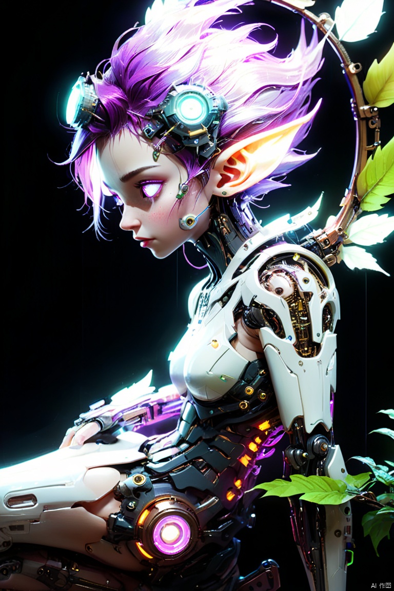 Mechanical glowing elf sitting on a leaf,With small mechanical wings, in the style of goblin academia, 3D, Childlike naivety, Eyes wandering, commissions for, Creative character design, charming characters,\(Concept Design\),(perspective body:1.3),Mechanical structure Fusion smooth的ing complex electronic components,PVC_Material,circuit board textured surface,rich and colorful_luminescent,neonpunk style. cyberpunk, vaporwave, neon, atmosphere, energetic, amazingly beautiful, crisp, detailed, smooth, ultra modern, Magenta highlights, dark purple shadows, high contrast, cinematic, ultra detailed, complex, professional, extremely high quality art,steampunk style. antiquarian, Mechanical, Brass and copper tones, gear, complex, detailed, extremely hyper - detailed, complex, epic work, cinematic lighting, masterpiece, trending on art station, very very detailed, amazing, human development report, smooth的, sharp focus, high resolution, award, 获award照片, SLR camera, 5 0 mm,bioMechanical style. blend of organic and Mechanical elements, futuristic, Cybernetics, detailed, complex, complex, highly detailed, digital painting, art station, concept art, sharp focus, illustration, author：Justin Gerard and Artgerm, 8k,bioMechanical cyberpunk. Cyberneticss, Human-machine integration, dystopian, There an opportunity to meet the labor, dark, complex, highly detailed, extremely hyper-detailed, complex, epic work, highly detailed attributes, highly detailed atmosphere, cinematic lighting, masterpiece, trending on art station, very very detailed, masterpiece, amazing, Perfect完成, Realistic texture, Perfect, octane render, (best quality, masterpiece, Representative work, official art, Professional, 8k:1.3)