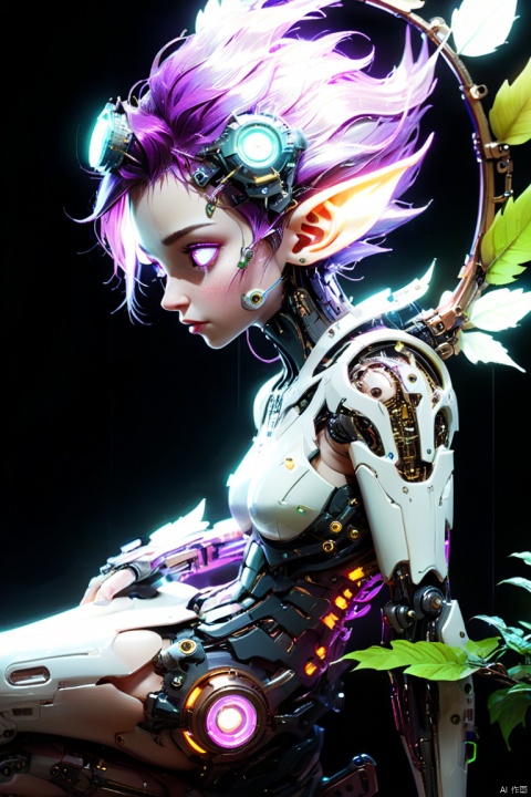 Mechanical glowing elf sitting on a leaf,With small mechanical wings, in the style of goblin academia, 3D, Childlike naivety, Eyes wandering, commissions for, Creative character design, charming characters,\(Concept Design\),(perspective body:1.3),Mechanical structure Fusion smooth的ing complex electronic components,PVC_Material,circuit board textured surface,rich and colorful_luminescent,neonpunk style. cyberpunk, vaporwave, neon, atmosphere, energetic, amazingly beautiful, crisp, detailed, smooth, ultra modern, Magenta highlights, dark purple shadows, high contrast, cinematic, ultra detailed, complex, professional, extremely high quality art,steampunk style. antiquarian, Mechanical, Brass and copper tones, gear, complex, detailed, extremely hyper - detailed, complex, epic work, cinematic lighting, masterpiece, trending on art station, very very detailed, amazing, human development report, smooth的, sharp focus, high resolution, award, 获award照片, SLR camera, 5 0 mm,bioMechanical style. blend of organic and Mechanical elements, futuristic, Cybernetics, detailed, complex, complex, highly detailed, digital painting, art station, concept art, sharp focus, illustration, author：Justin Gerard and Artgerm, 8k,bioMechanical cyberpunk. Cyberneticss, Human-machine integration, dystopian, There an opportunity to meet the labor, dark, complex, highly detailed, extremely hyper-detailed, complex, epic work, highly detailed attributes, highly detailed atmosphere, cinematic lighting, masterpiece, trending on art station, very very detailed, masterpiece, amazing, Perfect完成, Realistic texture, Perfect, octane render, (best quality, masterpiece, Representative work, official art, Professional, 8k:1.3)
