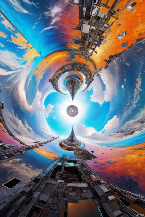 Strange place,Space-time misalignment,turn things upside down,confusing and ridiculous, Mysterious and unreal, panoramic view, Ultra high saturation, (best quality, masterpiece, Representative work, official art, Professional, 8k)