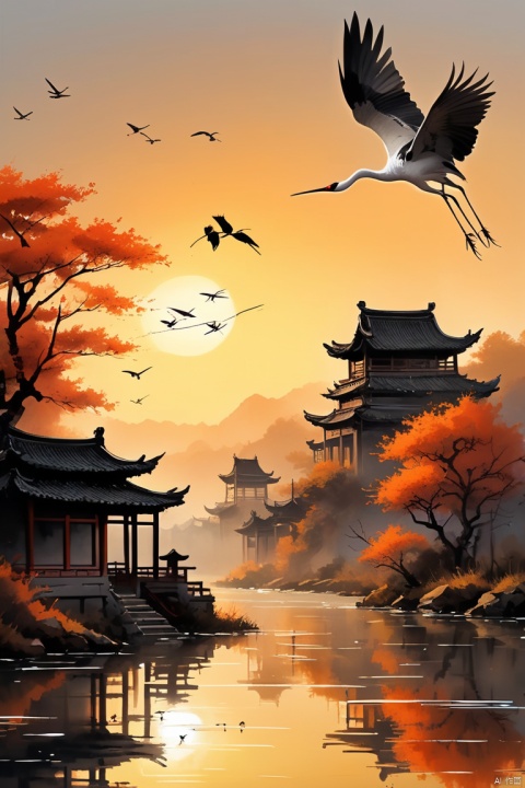 China ink painting,ink,The sunset and the solitary crane fly together,The autumn water is the same for a long time,The beauty of ancient poetry,the setting sun,Wild geese in the sky in the distance,Ancient buildings are scattered, (best quality, masterpiece, Representative work, official art, Professional, unity 8k wallpaper:1.3)