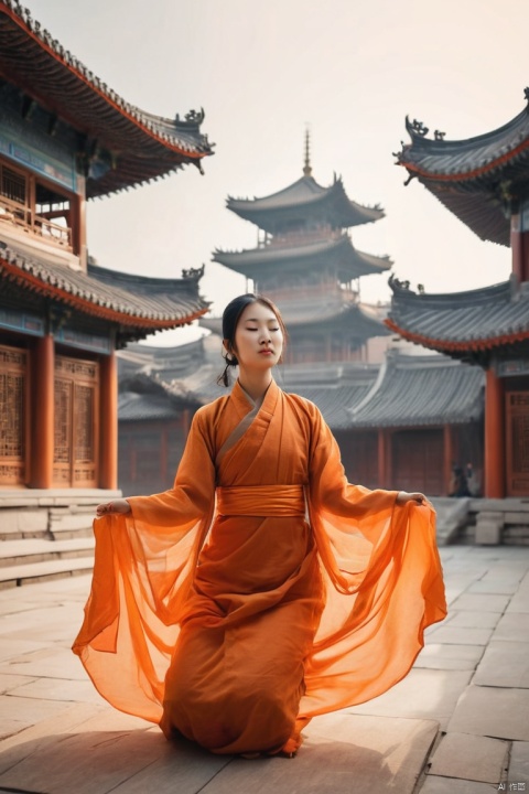 chinese girl, levitating in the air while meditating, orange robes, flowing fabric, calm expression, (above ground), immersive background of chinese building, (masterpiece, best quality, perfect composition, very aesthetic, absurdres, ultra-detailed, intricate details, Professional, official art, Representative work:1.3)