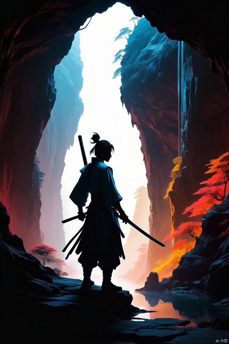 Chinese wuxia, silhouette of a swordsman standing outside a dark cave entrance, panoramic, Ultra high saturation, bright and vivid colors, intricate, (best quality, masterpiece, Representative work, official art, Professional, 8k)