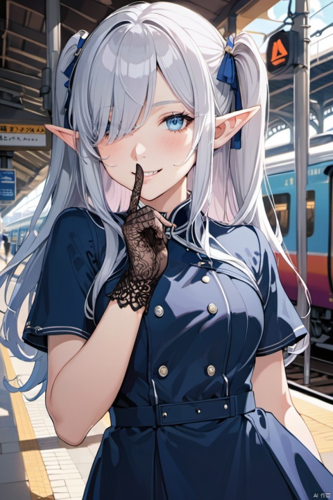 1girl, elf, aoi ch, shushing, grin, solo, silver hair, hair over one eye, two side up, blue eyes, lace gloves, train station, anime art style, (masterpiece, best quality, perfect composition, very aesthetic, absurdres, ultra-detailed, intricate details, Professional, official art, Representative work:1.3)
