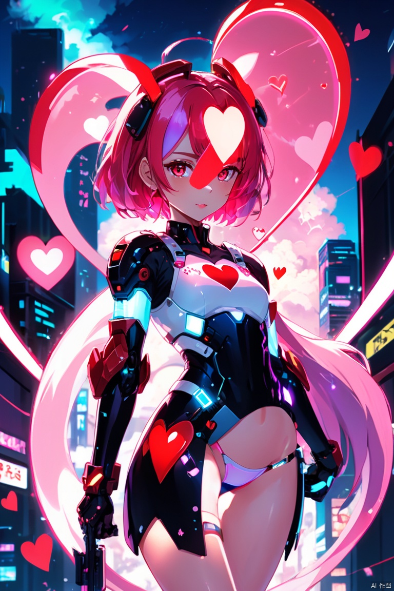 anime artwork lucy \(cyberpunk\), anime artwork of a girl \(cyberpunk, mecha\), Pink parted short hair, pink eyes, full body, girl in love, portrait, Oversized red hearts flash in the sky, twinkling love, Glowing heart, heart-shaped, twinkling love, hyper detailed masterpiece, Dynamic, amazing quality, Floating extra large ethereal red heart, enhance, intricate, (best quality, masterpiece, Representative work, official art, Professional, 8k)