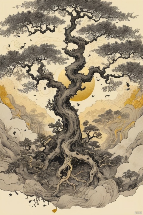 Gold Art, Black gold-rimmed Bodhi tree falls from the sky, Dunhuang murals as background, minimalist, line art, From front and center to ghostly smoke, Transition from entity to ghost, Smart, powerful and calm, Rich in details, Psychedelic, fantastic, drama, Chinese ancient style, style, ink painting, fantasy, surreal, ethereal, (masterpiece, best quality, perfect composition, very aesthetic, absurdres, ultra-detailed, intricate details, Professional, official art, Representative work:1.3)