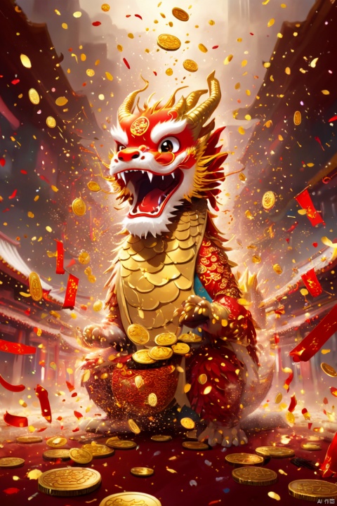 Chinese Lunar New Year has arrived,oriental dragon cub,hairy body,big furry head,Silly dragon,interesting。Many gold coins burst out from firecrackers,Red and gold confetti flying in the sky,Gold coin rain,strong festive atmosphere,very lively, panoramic view, Ultra high saturation, (best quality, masterpiece, Representative work, official art, Professional, 8k)