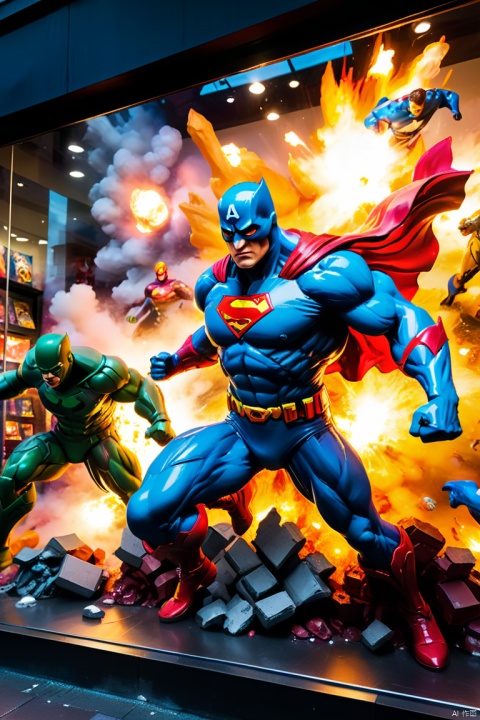 Photography of an astonishing game store window display, featuring a dynamic and action-packed world inspired by superhero comics. The display showcases larger-than-life statues of iconic superheroes, in mid-battle poses, surrounded by explosions and debris. Elaborate props and cinematic lighting create a sense of drama and excitement. The lighting dynamic, with spotlights and strobe lights adding to the intensity of the scene. This close-up shot captures the energy and power of the display, immersing viewers in a world of gaming superheroics. The photograph, with its dynamic composition and vibrant colors, transports viewers to the heart of the action, UHD, (best quality, masterpiece, Representative work, official art, Professional, 8k wallpaper:1.3)