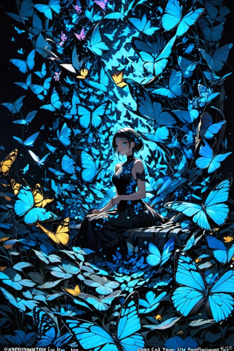 many blue butterflies are making the rainbow in the sky at night,everything is dark as shadow,butterflies glowing blue, (masterpiece, best quality, perfect composition, very aesthetic, absurdres, ultra-detailed, intricate details, Professional, official art, Representative work:1.3)