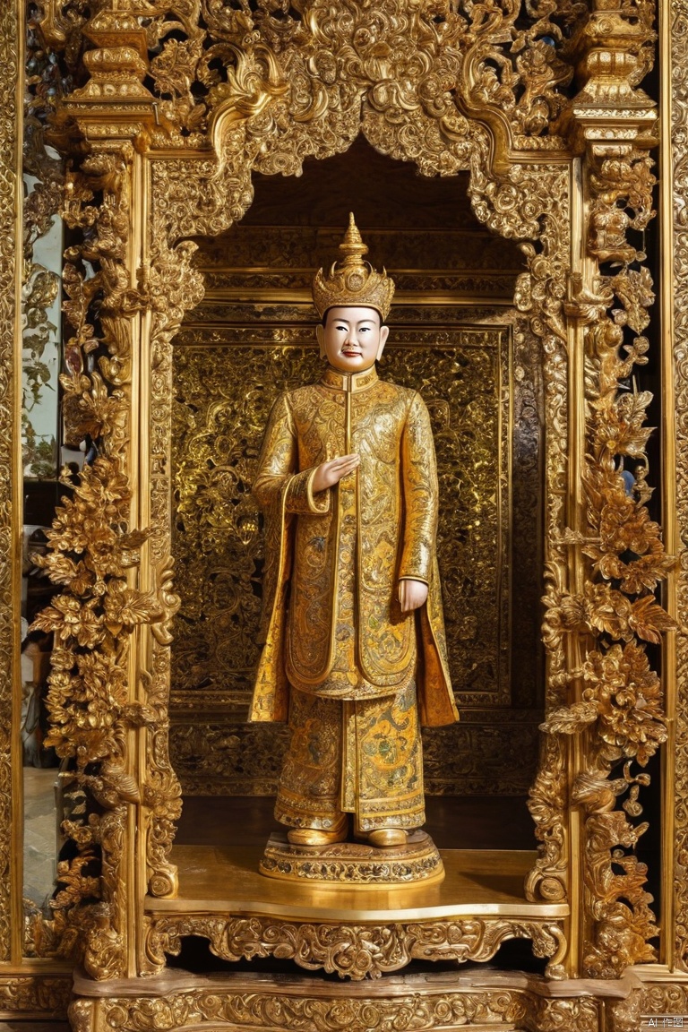 King of Thailand palace, Renaissance rural realism style, It has gold leaf on it, Psychedelic Surrealism, Hall of Mirrors, traditional vietnamese, woodcarver, organic architecture, (masterpiece, best quality, perfect composition, very aesthetic, absurdres, ultra-detailed, intricate details, Professional, official art, Representative work:1.3)
