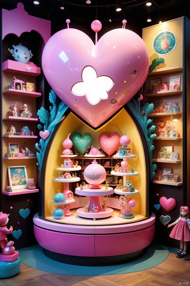 Topic "A detailed masterpiece of a Magical toy store display", Dynamic, Energetic, big pink heart, Magical toy store display, Beautiful design, Beautifully decorated, display toys, Mesmerizing visual experience, whimsical atmosphere, Captivating lighting effects, Magical atmosphere, textures true to reality, intricate details, bright colors, Playful and happy atmosphere, eye-catching, Complex processes, Well designed toys, interactive elements, magical surprise, Tempting and immersive, Fascinating display, Decorated with charming decoration, creative arrangement, animated toys, Lively and bustling, nostalgic appeal, Every corner a delight, Visually stunning, Appealing to both children and adults, Create a sense of wonder and awe, A delightful discovery at every glance, Magical stories told through toys, octane render, enhance, intricate, HDR, UHD, (best quality, masterpiece, Representative work, official art, Professional, 8k wallpaper:1.3)