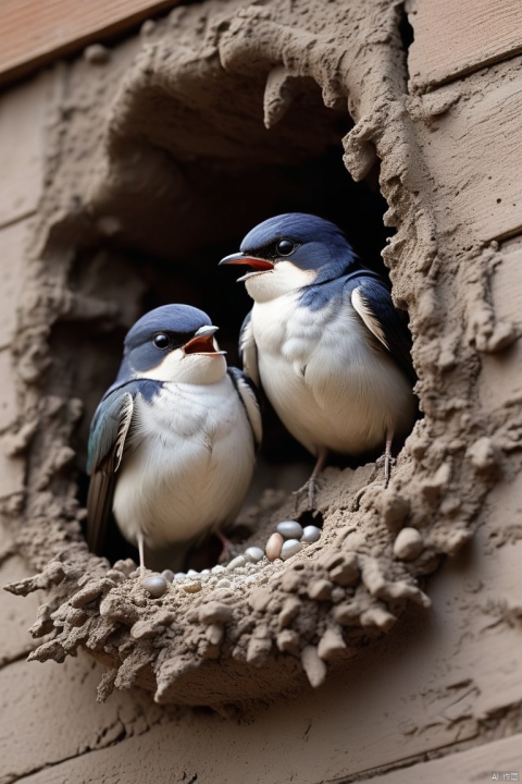 Two little swallows fly and build a nest,The little swallow is busy picking up mud,The little mouth keeps opening and closing,The mud chunks picked up each time are not big..,Carefully place the mud blocks under the eaves,Nests are often found in human dwellings.,in the gaps between bridges and other buildings,Sometimes they also build nests in tree holes。The nest is mainly made of a mixture of mud and saliva,cup or disk,There are multiple chambers inside,Used for hatching eggs。The nest has a rough appearance,Color is gray or brown,smoother inside,The color is slightly lighter,White painted mud house, panoramic, Ultra high saturation, bright and vivid colors, intricate, (best quality, masterpiece, Representative work, official art, Professional, 8k)