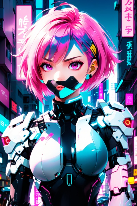 Multiple exposure, anime artwork lucy \(cyberpunk\), anime artwork of a girl \(cyberpunk, mecha\), Pink parted short hair, pink eyes, city view, (panoramic, Ultra high saturation, bright and vivid colors), (best quality, masterpiece, Representative work, official art, Professional, 8k)