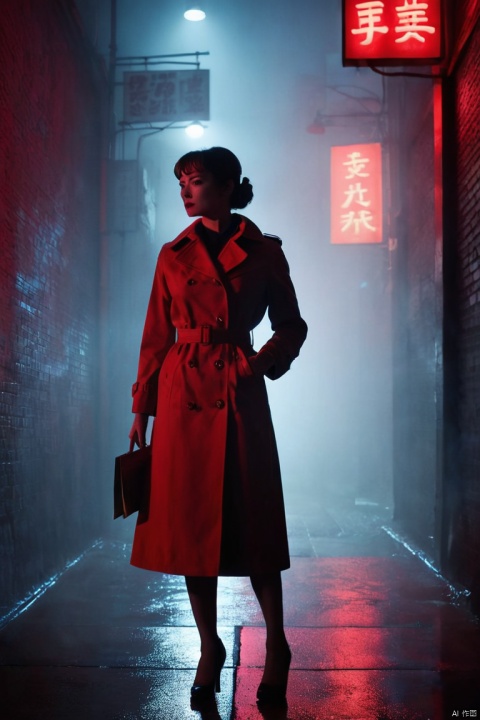 Midnight rendezvous, silhouetted figure of a female secret agent, trench coat, red dress, vintage 1960s style, high contrast lighting, shadowy alley, foggy, neon signs in Japanese and Mandarin, code book in hand, by Ian McQue and John Harris, cinematic composition, 8k, ultra-realistic, noir aesthetic, suspenseful atmosphere, (best quality, masterpiece, Representative work, official art, Professional, Ultra intricate detailed, 8k:1.3)