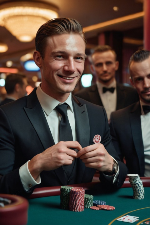A photo-realistic 3D render of an elegant secret agent at a classy casino, playing poker, sharp suit, enigmatic smile, a hidden earpiece visible, tension palpable, surrounded by suspicious characters, Canon EOS R8, Wide angle lens, (best quality, masterpiece, Representative work, official art, Professional, Ultra intricate detailed, 8k:1.3)