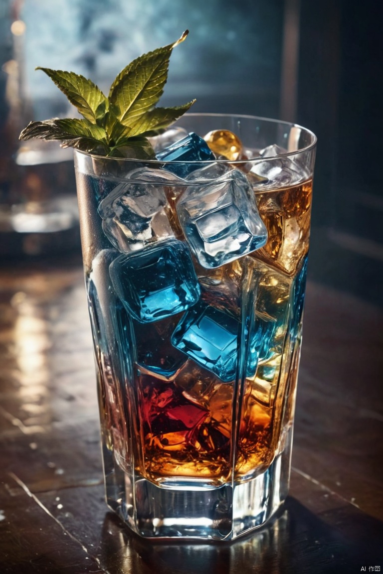 a stunning cocktail with a remarkable Tyndall effect, where light diffuses through the ice cubes, creating shimmering reflections in the colorful liquid, (best quality, masterpiece, Representative work, official art, Professional, Ultra intricate detailed, 8k:1.3), light master, Face Score
